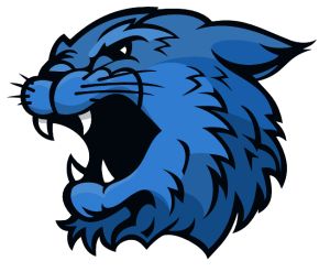 Dark blue wildcat with mouth open and 4 fangs visible.